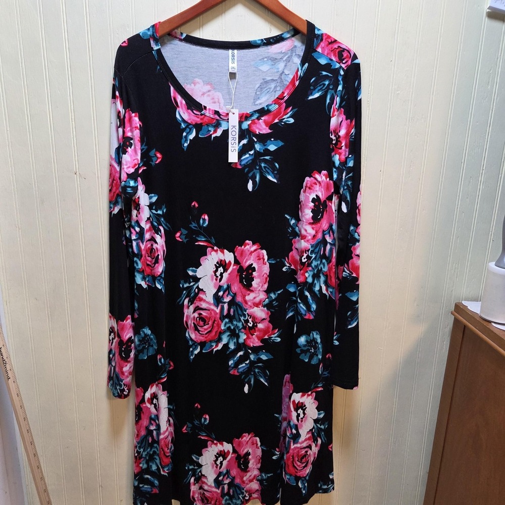 KORSIS Dress Womens 2XL Black Floral Long Sleeve Swing Knee Length Casual